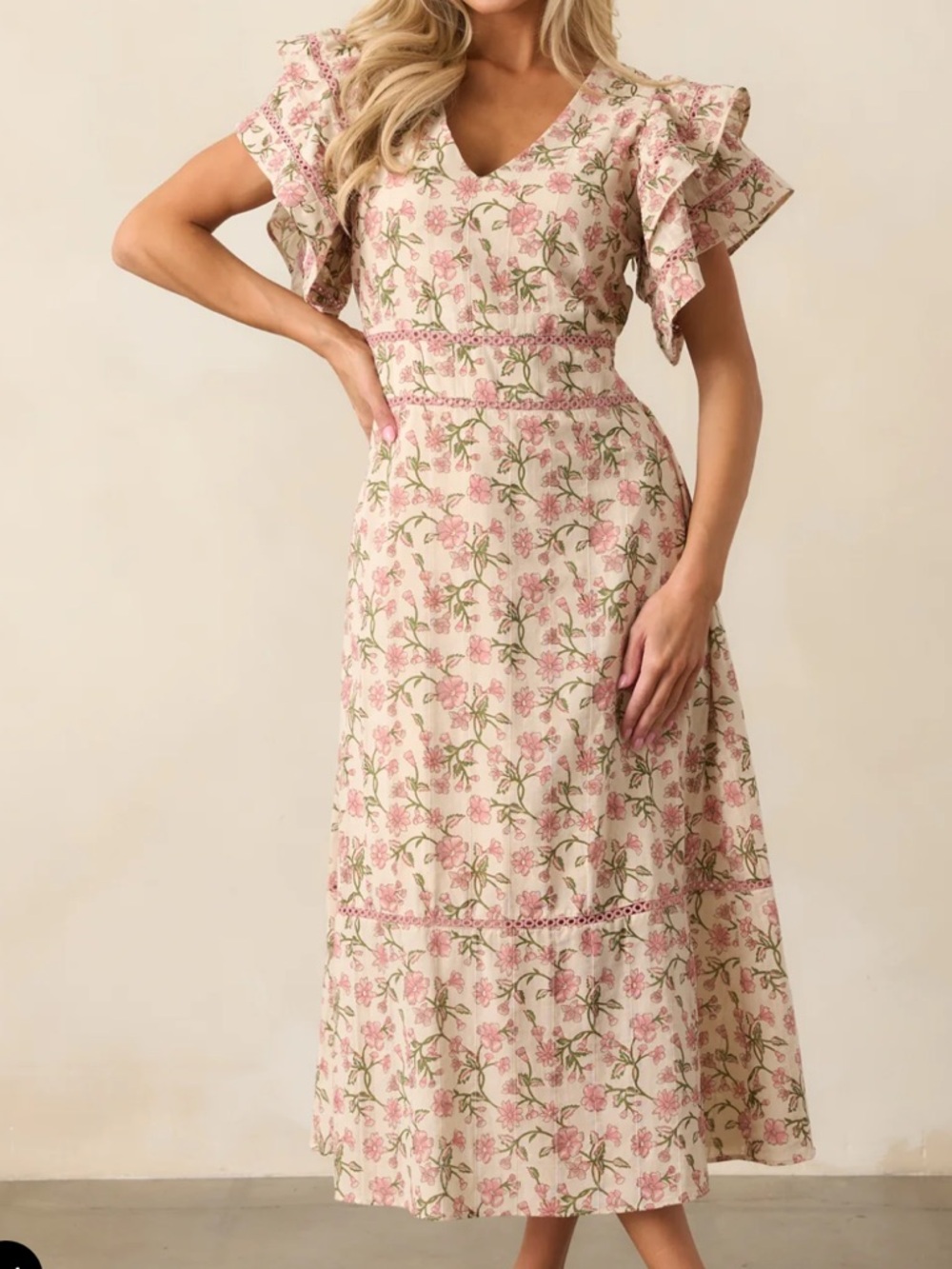 Floral Pink V-Neck Midi Dress with Ruffle Sleeves